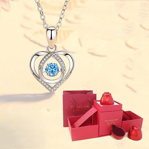 Anhänger Halsketten Liebe Herz Blau Zirkon Halskette Mit Rose Geschenk Box Für Freundin 2023 Mode Luxus Schmuck Drop Großhandel