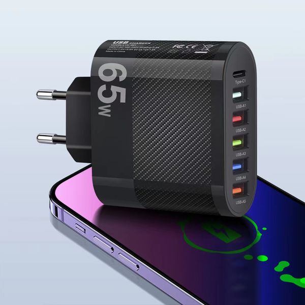 65W USB 6 Ports Schnelllade-Handy-Adapter 3,5A USB-C Typ C Ladegerät für iPhone 15 14 13 Pro Xiaomi Samsung Oneplus QC 3.0 Wandladegerät-Adapter