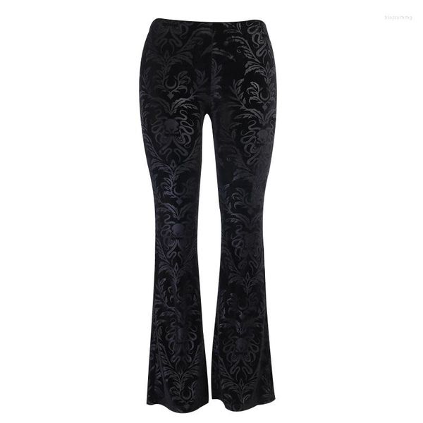 Pantaloni da donna Pantaloni svasati con stampa floreale da donna Gamba larga Pantaloni eleganti con fondo a zampa d'elefante in velluto elasticizzato Abbigliamento da strada per club punk gotico alla moda femminile