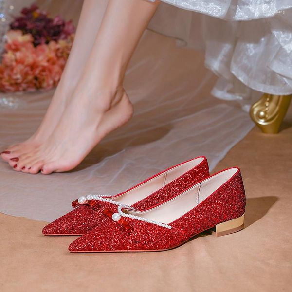 Vestido Sapato Sapato Baixo Casamento Grávida Confortável Seguro Noiva Sapatilhas Red Pear Bowknot Glass Slipper Salto Baixo Estilo Chinês