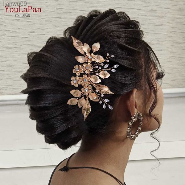 YouLaPan Goldene Farbe Blätter Brautkamm Hochzeit Kopfschmuck für Braut Brautjungfer Handgefertigte Frau Haarspangen Haarschmuck HP297 L230704