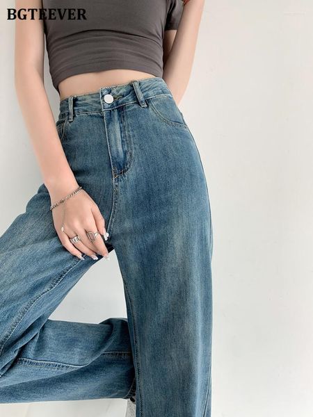 Calças jeans femininas BGTEEVER estilosas de perna larga para mulheres cintura alta botão único retas calças compridas femininas