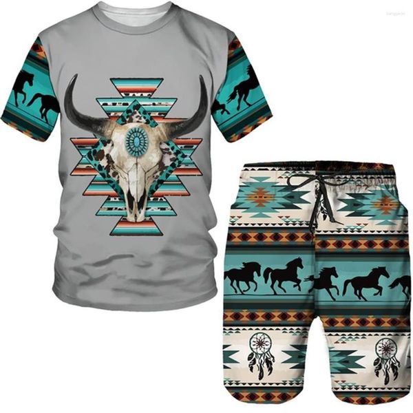 Agasalhos masculinos Homens Vintage Estilo nativo Camisetas/ternos Harajuku Moda Tribal Vaca Camiseta Shorts Impressa em 3D Casal Streetwear