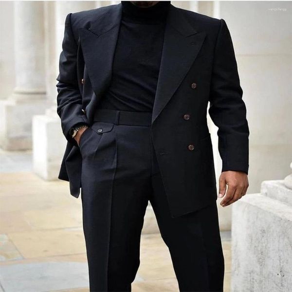 Abiti da uomo Cappotto nero Ampio risvolto 2 pezzi Chiusura colletto Smoking da sposa d'affari (pantaloni giacca) Completo da uomo su misura Set su misura