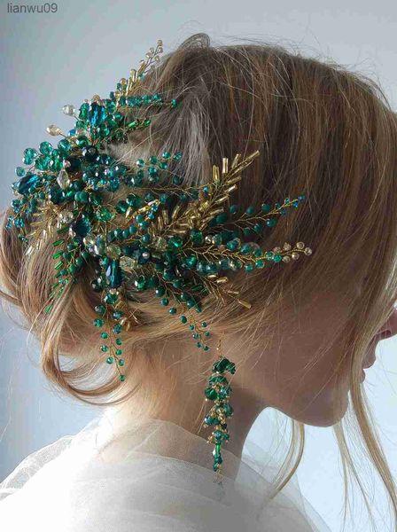 Bohe Green Vine Gelin Bandı Kristal Başlık Gelin Saç Süsleri Düğün Saç Aksesuarları Gelin Baş Bandı Kadınlar için L230704