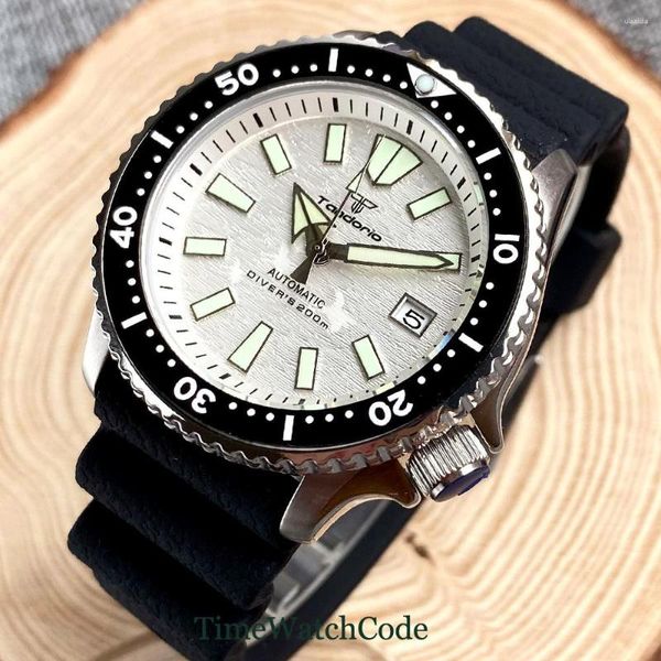 Armbanduhren Tandorio Diver Automatikuhr für Herren 41 mm weißes Zifferblatt Datum NH35 Uhrwerk Saphirglas 200 m wasserdicht Stahl oder Gummi