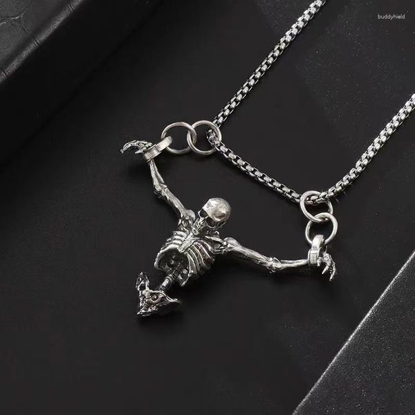 Anhänger Halsketten Retro Punk Silber Farbe Skeleton Halskette Männer Frauen Hip Hop Rock Schädel Lange Kette Gothic Halloween Schmuck Geschenk