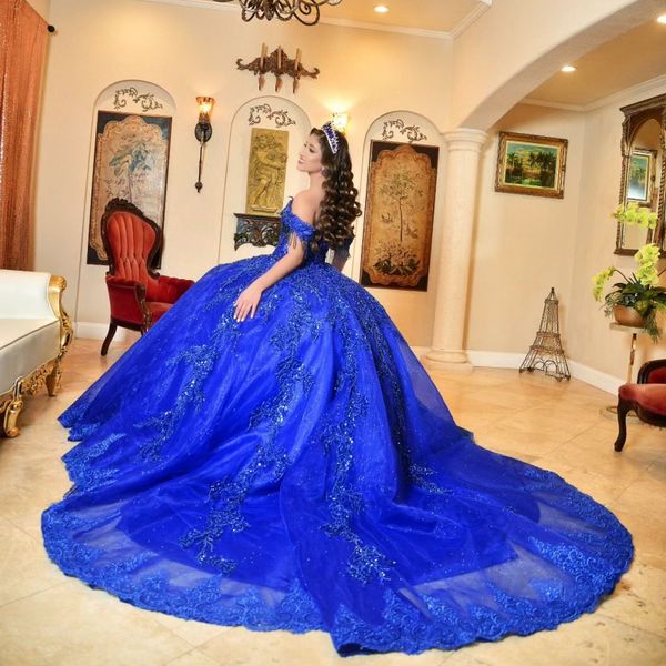 Blauer Glitzer aus der Schulter Ballkleid Quinceanera-Kleider Sweet 16 Prinzessin Applikation Spitze Perlen Abendkleider Vestidos de 15 Jahre