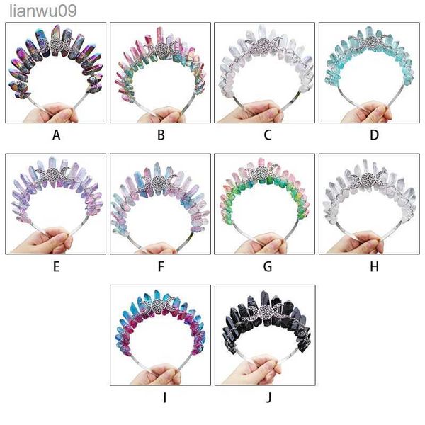 Fascia per capelli in quarzo di cristallo grezzo multicolore Corona Boho Scava fuori metallo Luna Tiara Cerchio per capelli Copricapo da sposa per donna L230704