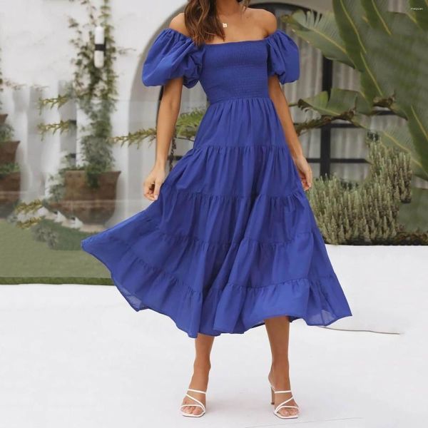 Casual Kleider Weiblich Für Frauen 2023 Solide Puffy Hülse Eine Schulter Layered Plissee Floaty Strand Boho Kleid Frau Kleidung Vestidos