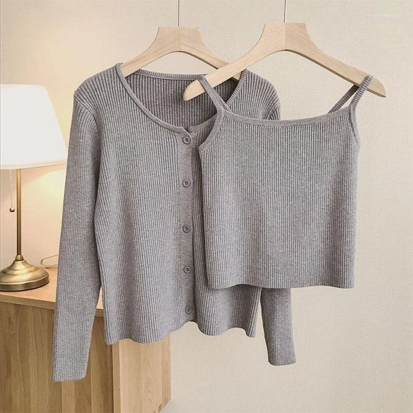 Kadın Sweaters Casual Sling CamiSole Örme Haligan Ceket Kadın Kore Moda Temel Yelek Uzun Kollu Üst Katı 2 Parçalı Set Sweater