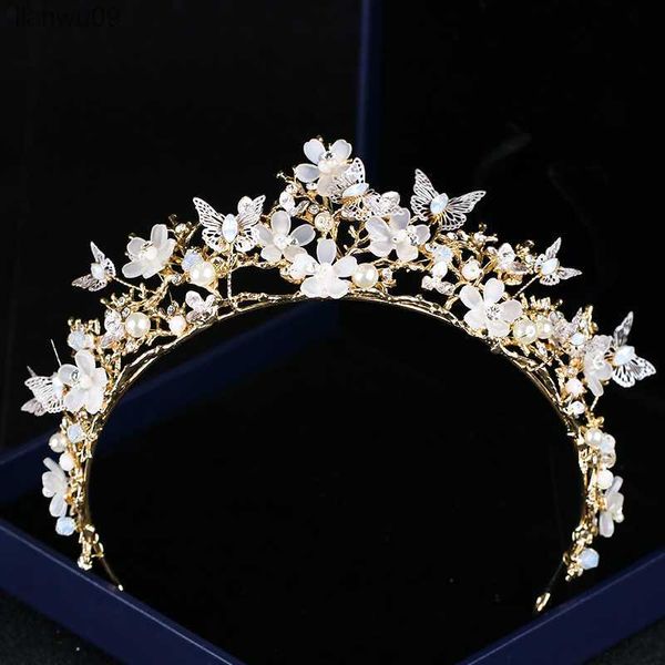 Mais novo Baroque Crown Hairband Tiaras de flores de borboleta Acessórios de cabelo de noiva Crown Flowers Pearl Headdress Tiaras de casamento L230704