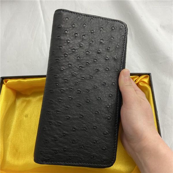 Carteiras de pele de avestruz genuína de alta qualidade com fecho de zíper para homens de negócios clássicas carteiras longas porta-cartões de couro exótico masculino bolsa clutch