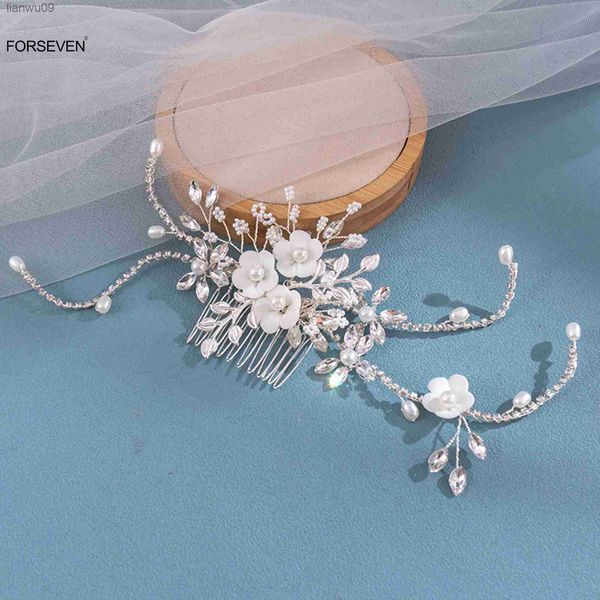 Leichte Luxus Hochzeit Haarkämme Braut Stirnbänder Weiße Blume Kopfschmuck Perlen Kopfschmuck Strass Ranken Blatt Schmuck für Frauen L230704