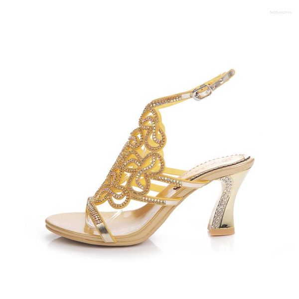 Сандалии плюс размер 44 Bling Gold Awnestone Shoes Summer Open Toe Toe Cunky Heel Свадебная лодыжка для вечеринок на выпускные каблуки