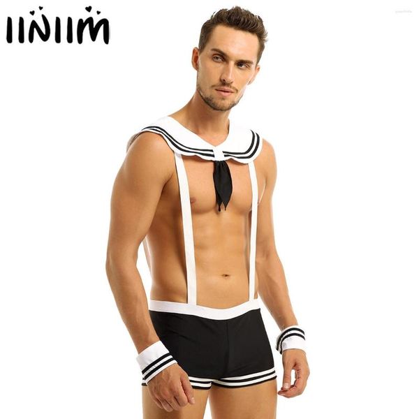 Cuecas Iiniim Sexy Mens Sailor Costumes Boxers Underwear Set Rave Outfits Elástico Suspensórios Boxer Shorts Com Gola Punhos Clubwear