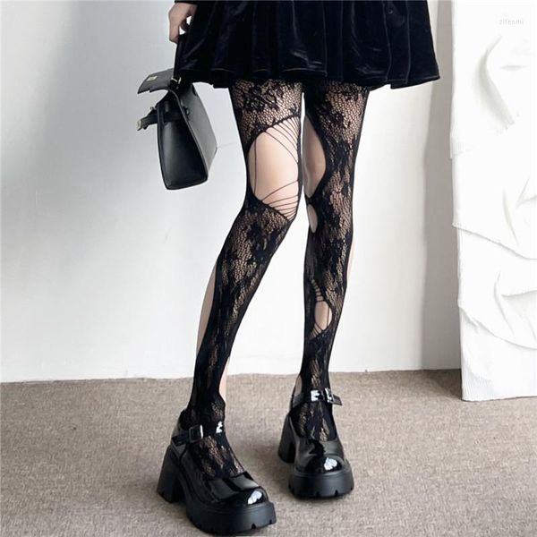 Calze da donna Jacquard floreale Calze sexy Punk gotico Collant a rete nera Collant a rete Harajuku Lolita Fori strappati irregolari