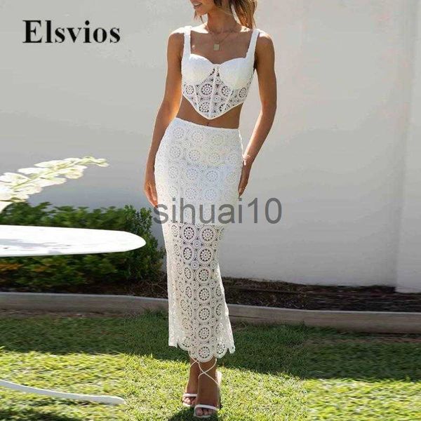 Pontas de duas peças femininas femininas praia define elegante hollow out bordado de crochê boho terno de tiras de mangas sexy com mangas de sutiãs + saia bodycon roupas j230717