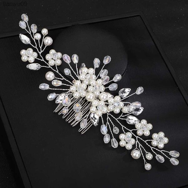 Pente de cabelo prateado para casamento feminino feito à mão pérola cabeça joias noiva cristal acessórios para a cabeça cocar de festa tiaras de ouro l230704