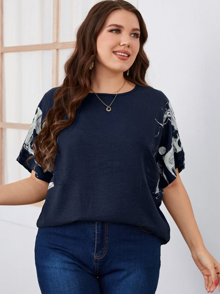 Camiseta Feminina Plus Size Tops de Verão Plus Size Para Mulheres Blusa Túnica Estampada Sólida O Neck Manga Curta Moda Feminina Camiseta Solta Roupas XL 230715