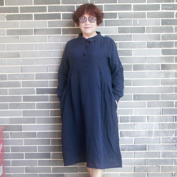 Casual Kleider Frau Mittleren Alters Kleid Vestidos Mujer Elegante Lose Frauen Volle Hülse Solide Baumwolle Leinen Lange H10