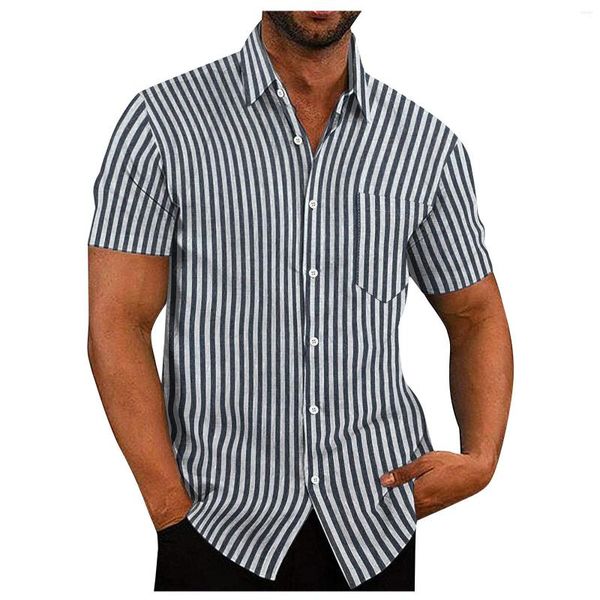 Camisas sociais masculinas de grife 2023 casual vintage de linho de algodão cor sólida manga curta verão listrada solta camisa hombre