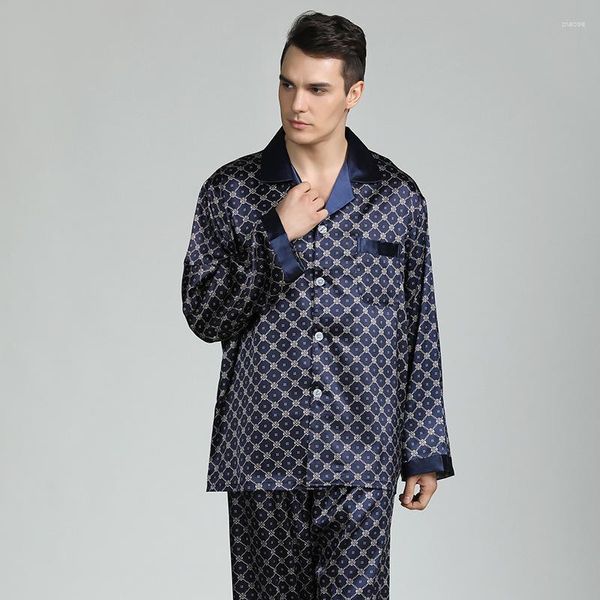 Conjuntos de pijamas masculinos para primavera e outono pijamas de manga comprida de seda pijamas para uso doméstico roupas de descanso