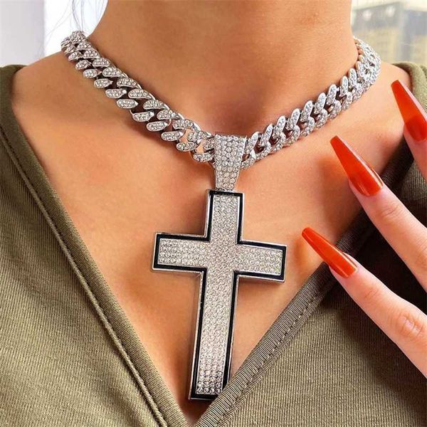 Colares com Pingente Punk Luxo Strass Big Cross Colar Cubano para Mulheres Hip Hop Iced Out Link Chain Rapper Jóias Masculinas 230613