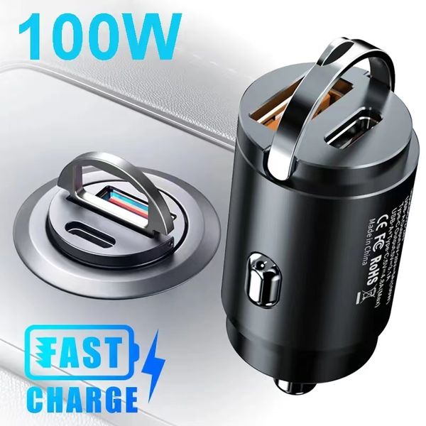 Mini 100W USB Car Charger Type C QC3.0 PD Car Charger Fast Ring Pull Car Phone Charger Adapter for iphone Samsung Huawei Xiaomi