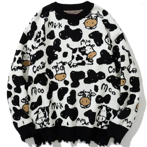 Мужские свитера Hop Hop Lake Streetwear Harajuku Hip Men Cartoon Cow вязаные прыгуны свободные повседневные свитера.