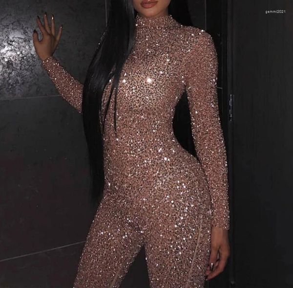 Vrouwen Jumpsuits BKLD Lange Mouwen Jumpsuit 2023 Bodycon Bodysuit Pailletten Clubwear Sexy Herfst Champagne Goud Rompertjes Dames Broek