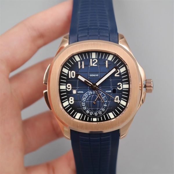 2022 5164 GMT Travel Time Automatik Herrenuhr Roségold Blau strukturiertes Zifferblatt Stick Nummernmarkierungen Kautschukarmband 5 Stile Uhren Pur293H