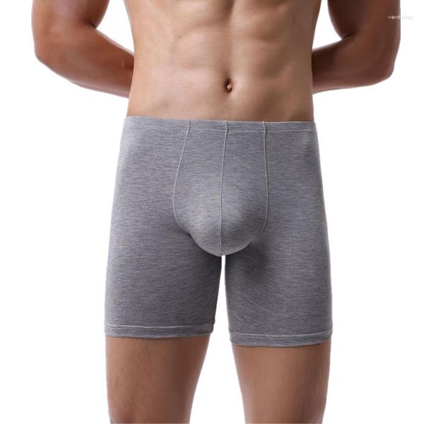 Cueca Sexy Men Cueca Boxer Shorts Homem Calcinha Fibra de Bambu Sólido Cintura Média U Convexo Bolsa Perna Longa Cueca Calzoncillos