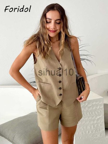 Pantaloni a due pezzi da donna Foridol Cotone Lino Marrone Primavera Estate Tasche Pantaloncini Gilet Set Senza maniche Bottoni Scollo a V Gamba larga Completi 2 pezzi Abito Femme J230717