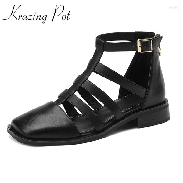 Scarpe eleganti Krazing Pot Large Size 41 Estate Pelle pieno fiore Punta quadrata Tacco medio Moda di marca Accoglienti Sandali da donna fatti a mano L12