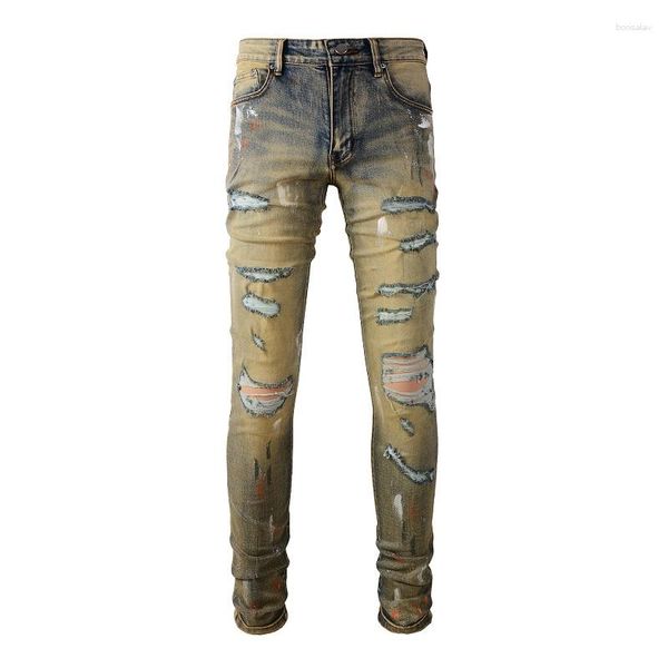 Jeans da uomo High Street Fashion Distressed Washed Damaged Holes Skinny Stretch Slim Strappato