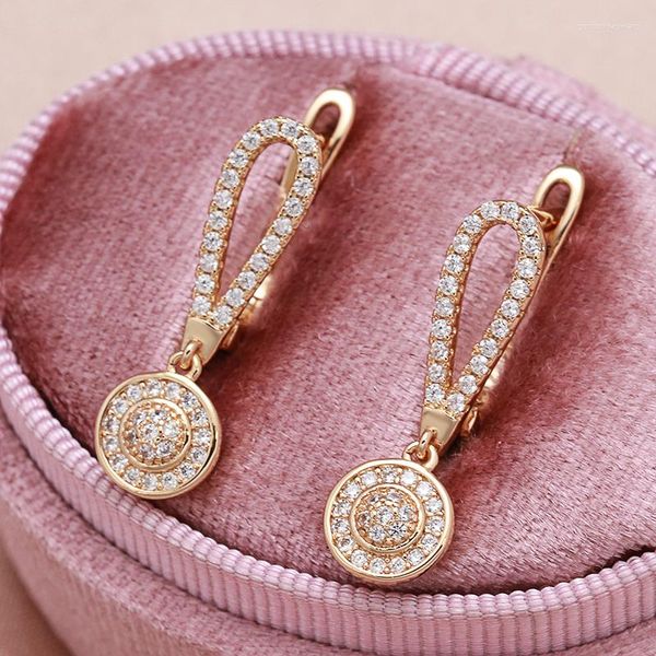 Brincos Pendentes Ouro Rosa 585 Zircônia Corações Setas Pedra Corte Diamante Metal Natural Flor Moda Jóias para Casamento Fino