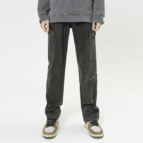 Jeans da uomo American High Street Work Wear Zipper Slim Fit Hiphop Pants Ins Pantalone europeo e nero a gamba dritta