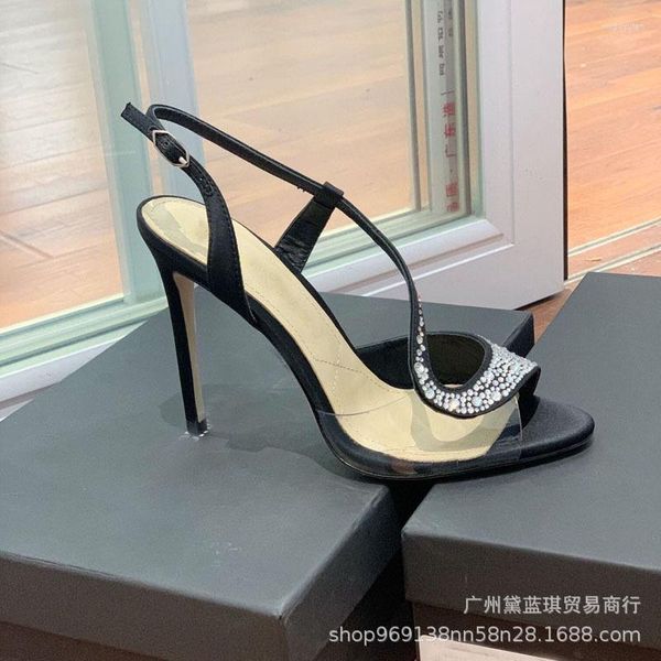 Scarpe eleganti da donna con tacco a spillo e tacco alto in PVC con cinturino e punta aperta, cinturino con fibbia cava con strass in raso nero