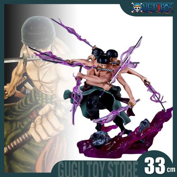 Anime Manga 33cm One Piece Roronoa Zoro Anime Figure Gk Tre teste e sei braccia Nove coltelli Flusso Ashura Zoro Figurine Statua Modello Doll Toy L230717