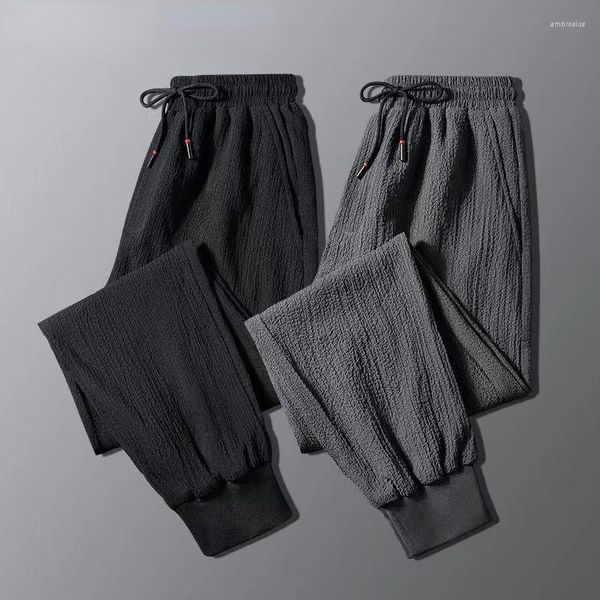 Pantaloni da uomo Estate Pantaloni di seta di ghiaccio Uomo Solido Sciolto Sezione ad asciugatura rapida Drappo Aria condizionata Casual Gamba a costine alla caviglia