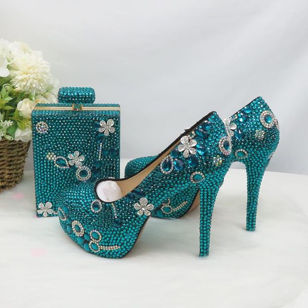 Sapato social Teal Blue Crystal Wedding com bolsas combinando Noiva Senhoras Alta Plataforma E Moda Feminina Festa Dedo Do Pé Redondo