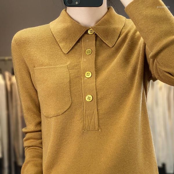 Kadın Sweaters Mizaç Yün Sweater Polo yaka kazak bahar sonbahar gevşek yaka yarım hırka cep çok yönlü dip