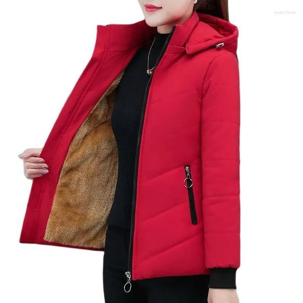 Женские траншевые пальто 2023 Женщины Добавить бархатную хлопчатобумажную куртку Женская зимняя флис теплый капюшон