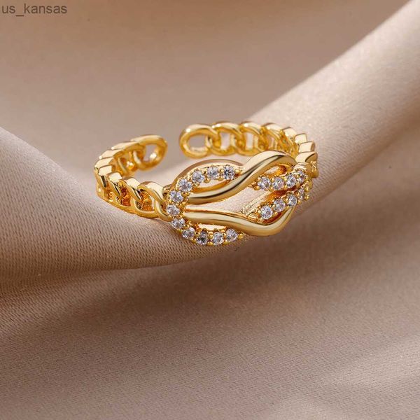 Bant halkaları zirkon bükülmüş düğüm zincirleri kadınlar için altın rengi paslanmaz çelik halka açılış ayarlanabilir estetik mücevher hediyesi R230717
