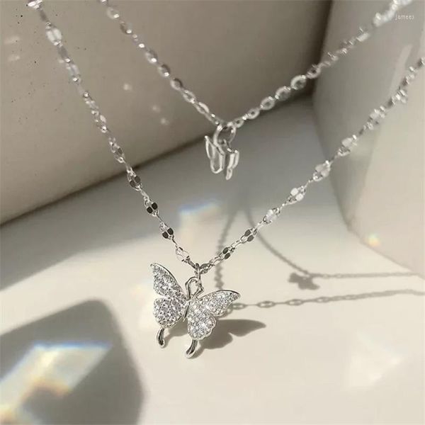 Подвесные ожерелья корейские изысканные двойные колье с бабочкой женское ожерелье по темпераменту крест -сердце подруга подарки на день рождения украшения ювелирные изделия