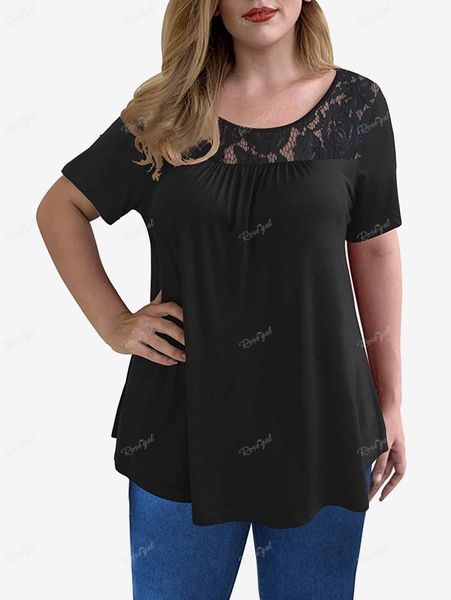 Damen-T-Shirt ROSEGAL Plus Size Spitzen-Panel-T-Shirt Damen Sommer Schwarz Tiefrot Lässige Tops mit U-Ausschnitt 230717