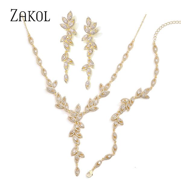 Свадебные ювелирные украшения наборы Zakol Luxury Gold Color Leaf Bridal для женщин маркиза циркона серьги с серьгами -колье набор 230717