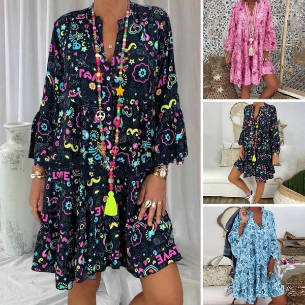 Abiti casual Summer Lady Ruffle Dress A Line Stampa floreale Sweet Women O Neck Elegante Swing Short 2023 Arrivo