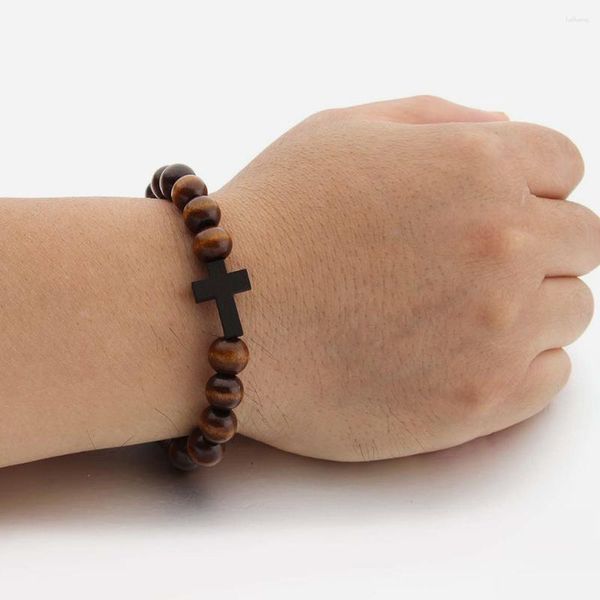 Charm Bracelets de madeira com miçangas Cruz pulseira de oração religiosa pulso de madeira